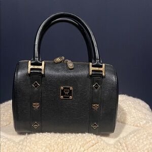 MCM Saffiano Leather Monogram Studded Boston Bag